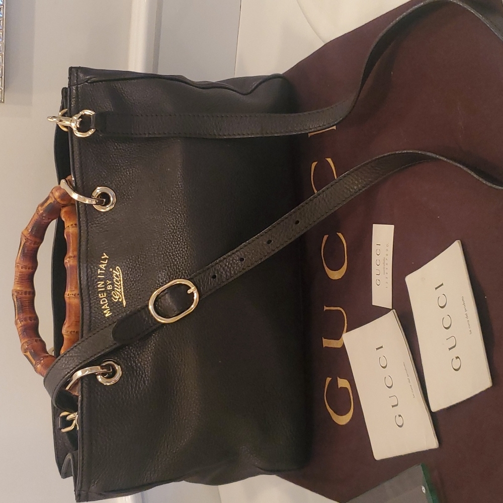 Gucci Black Pebbled Leather Bamboo Top Handle Medium Tote Bag